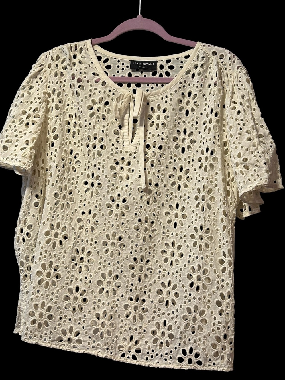 Lane Bryant Cream Eyelet Tie-Neck Short Sleeve Top